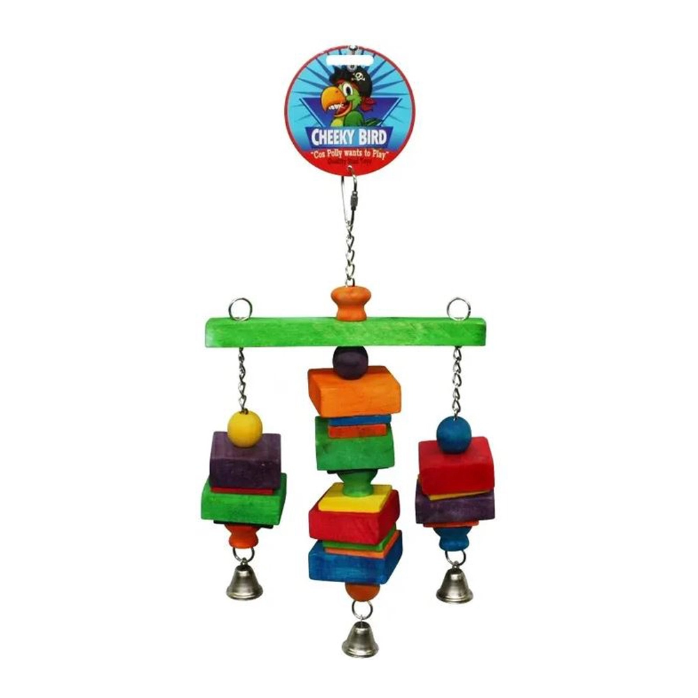 Cheeky Bird Hanging Tri-Bell Wooden Bird Toy Medium 3 Cheeky Bird Hanging Tri-Bell Wooden Bird Toy Medium
